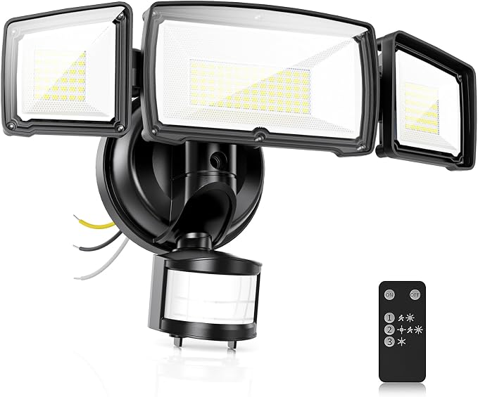 100W 11000LM Security Lights Outdoor with Remote Control, 6500K Daylight LED Flood Light, IP66 Waterproof, Dusk to Dawn, 3 Head Motion Detected for Garage, Yard