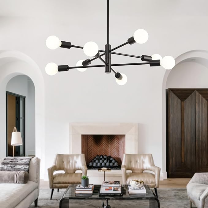 HHR Black Sputnik Light Fixture, 8-Light Modern Dining Room Chandelier, Height Adjustable Chandeliers for Kitchen Island Over Table, Mid Century Ceiling Lighting Fixture