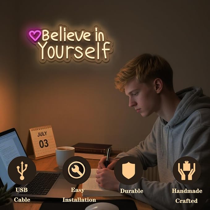 Believe in Yourself neon sign, suitable for classroom wall decoration, back-to-school season, graduation season, student gifts. Dimmable, USB powered, pink heart-shaped inspirational neon light.