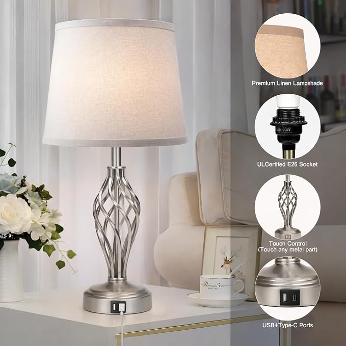 Ruiever Touch Table Lamps Set of 2, nightstand lamp with USB Ports Bedside 3 Way Touch dimmer Desk lamp for Living Room Bedroom,Nickel Plated Spiral cage Base Design Warm White dimmer Bulbs Included.