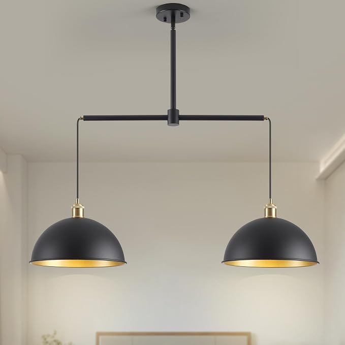 Farmhouse Black Pendant Light with 2-Lights, 11.81" Dome Pendant Lights Fixtures Modern Adjustable Hanging Lighting for Kitchen Island Dining Room and Foyer