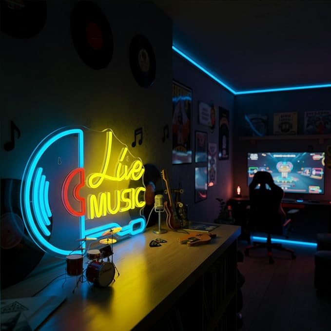 Live Music Neon Sign Vinyl Record LED Wall Light for Music Room Decor | USB Powered Live Music Neon Light, Retro Music Wall Decor for Vinyl Record Room Studio Bedroom Bar Cafe Gift for Musicians