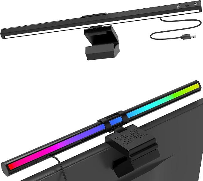 RGB Monitor Light Bar, Eye-Care Dual Light Reading Screen Lamp, 9 Modes Gaming Backlight LED Computer Lamp, 3 Colors Dimmable Frontlight, 16.6'' USB Desk Lights for Home, Office