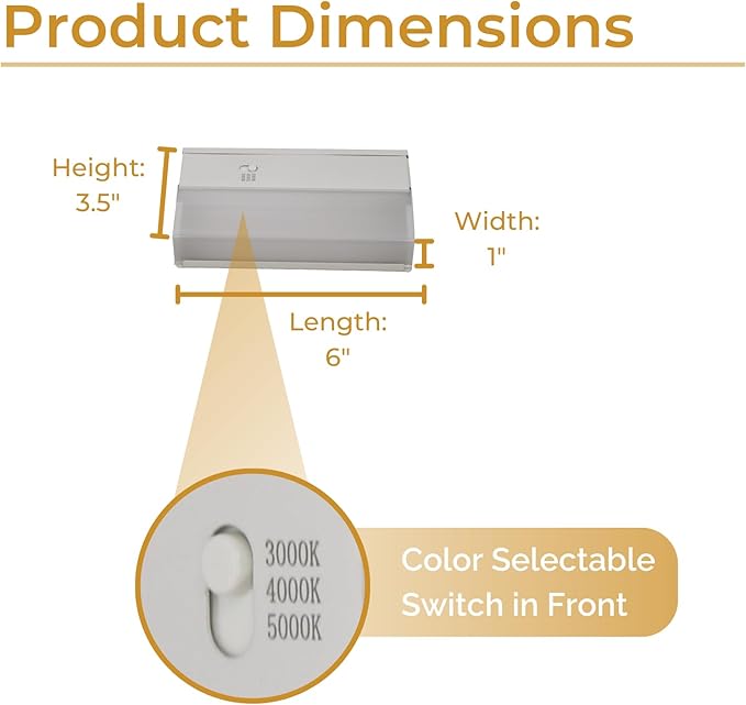 6-Inch Dimmable Under Cabinet LED Light, Hardwired Installation Only, Color Selectable - Soft White/Bright White/Daylight White, 6W, White Finish