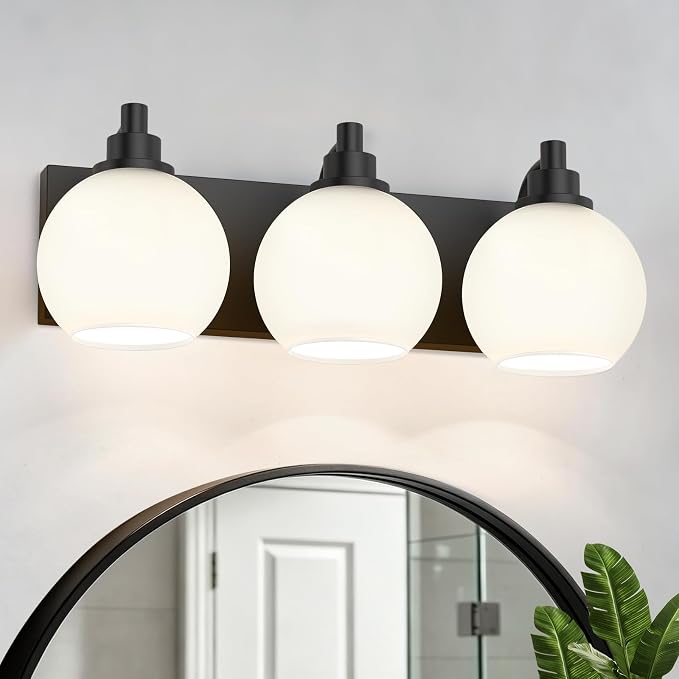 IZORRO Bathroom Light Fixtures, 3-Light Matte Black Vanity Light, Modern Wall Sconces with Globe Milk White Glass Shade, Vanity Lighting Fixtures Over Mirror,E26 Bulb Socket