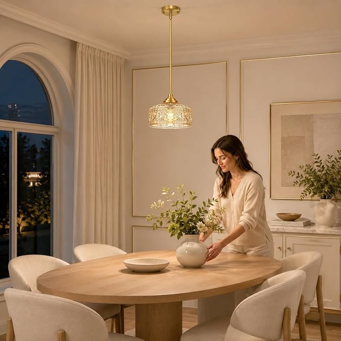 Brushed Gold Vintage Pendant Light Amber Glass Island Lights for Kitchen | Height adjustable hanging light fixture kitchen, 90-degree swivel, 2-in-1 ceiling light and pendant light, E26 bulb base