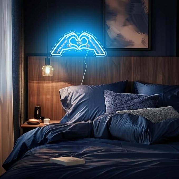 Heart Hands Neon Sign, Blue Room Decor, 15.75 inches Dimmable USB Powered Led Wall Art Decor, Music Merch Gifts for Girls Boys, Fans, Music Lover, Party, Christmas, Birthday(Blue with Inspired Words）