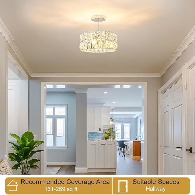 Lxybcce Chrome Crystal Ceiling Light, Modern Semi Flush Mount Ceiling Lighting, Hallway Lighting Fixtures, Small Chandelier Light Fixture for Kitchen Entryway Bedroom Dining Room, 3-Light, 12 Inch