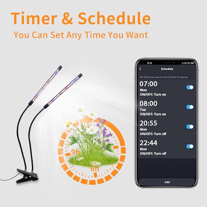 Led Grow Lights for Indoor Plants Full Spectrum, Smart WiFi Led Grow Light with Timer, Dimmable Clip on Grow Light App/Voice Control, Compatible with Alexa/Google/Siri (2 Tube)