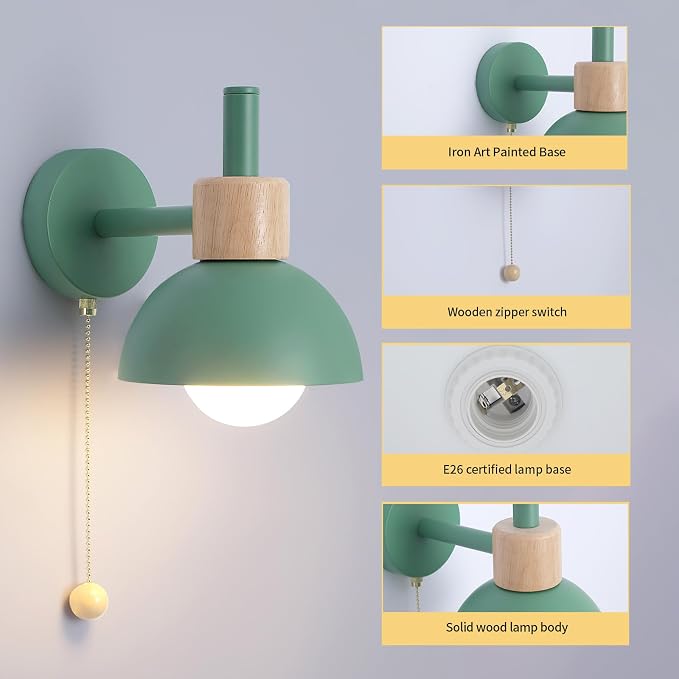 Pull Chain Wall Sconce for Bedroom, Vintage Bedside Wall Lamp with E26 Socket, Wall Lighting for Kids Room Hallway Boys Girls (Green)
