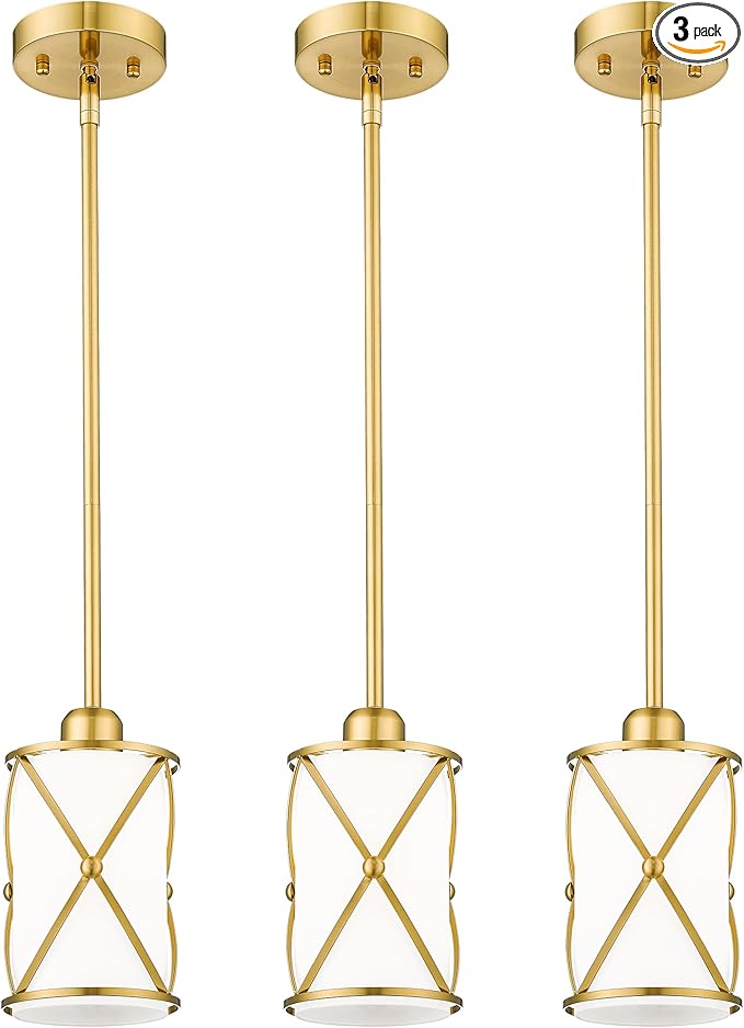 Brushed Gold Pendant Lights Kitchen Island 3 Pack, Milk Glass Kitchen Pendant Lighting Over Island with Rod, Modern Mini Hanging Light for Kitchen Sink Dining Room, CH9176BGW-3PK