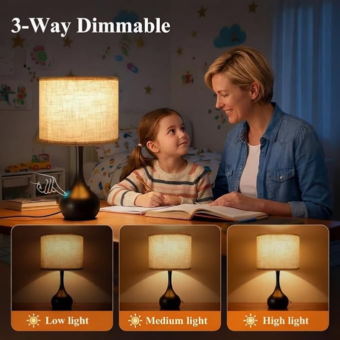 Touch Table Lamp for Bedroom,3 Way dimmable Nightstand Bedside Lamp with Linen Shade,Desk Lamp for Living Room, Guest Room, Home Office