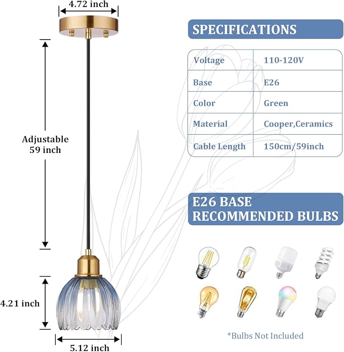 TALOYA Blue Glass Pendant Light, Vintage Hanging Light with Tulip Lampshade | Adjustable Farmhouse Mini Pendant Lighting Fixture for Kitchen Island, Dining Room, Bedroom, Hallway & Bar Decor