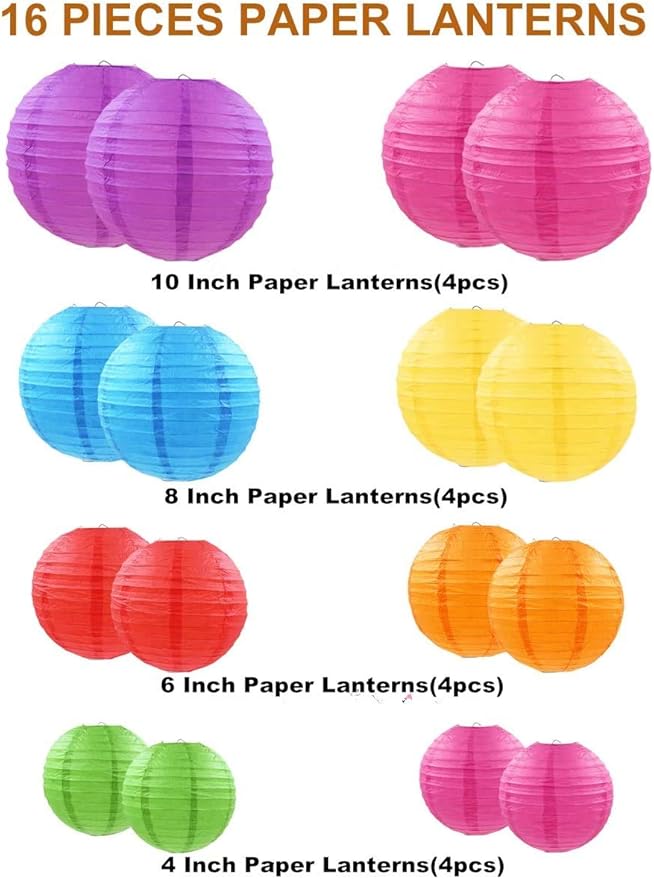 Paper Lanterns 16 Pcs Multicolor Assorted size of 4" 6" 8" 10" Chinese Round Paper Hanging Decorations Ball Lanterns Lamps for Home Decorations, Parties, and Weddings