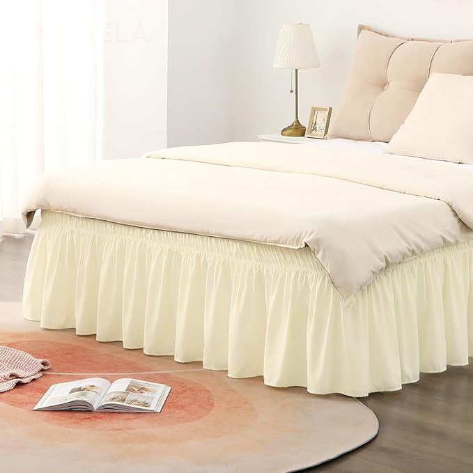RIMELA Butter Yellow Bed Skirt Full Size 15 Inch Drop, Elastic Bed Skirting for Bed Base and Frame, Bedding Dust Ruffle Easy to Install, Lightweight Wrap Around Adjustable Bedskirt