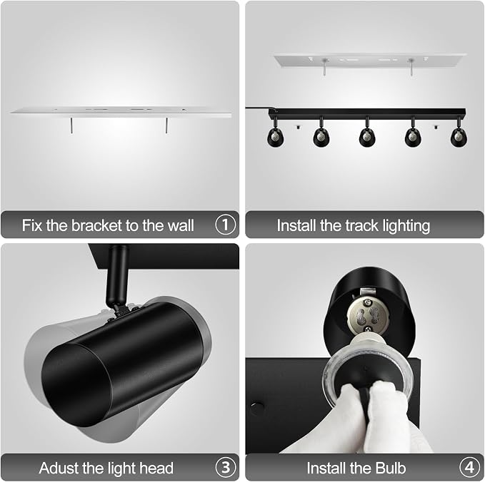 Plug in Track Lighting, LED Track Light Kit, Black 5-Light Track Lights for Kitchen, 15 FT Cord,30" Large Ceiling Spotlight, Rotatable Wall Mount Light Head for Bedroom Hallway Living Room