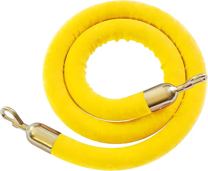 Montour Line Velvet Hanging Stanchion Rope Foam Core, 8 Foot Yellow Rope with Polished Brass Snap Ends