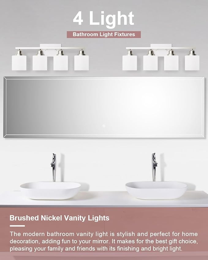 4-Light Bathroom Light Fixtures Over Mirror, Glass Shade & Anti-Rust Nickel Finished,Brushed Nickel Vanity Lights, Modern Bathroom Vanity Light, Bathroom Light for Small Space