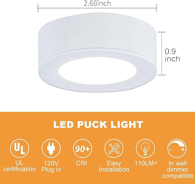 LUMILAND Wired LED Puck Lights (2.7Wx3) Plug-in Lighting Natural White (4000K), LED Cabinet Light for Kitchen Can Be Surface Mount or Recess Mount, White