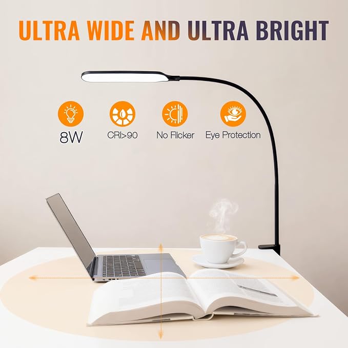 8W LED Desk Lamp with Long Gooseneck and USB Cable, 800LM | Metal Dimmable Clip on Lamp, 3 Colors and 10 Modes, Eye-Caring for Home Office Reading