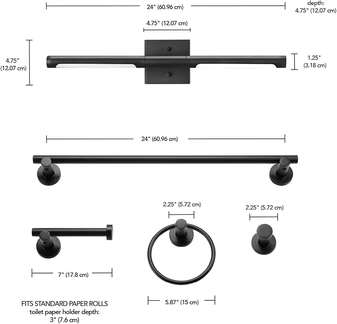 Globe Electric 63000203 5-Piece All-in-One Bathroom Set, 2-Light LED Vanity Light, Matte Black, 1200 Lumen, Towel Bar, Robe Hook, Toilet Paper Holder, Towel Ring, Bathroom Lights Over Mirror