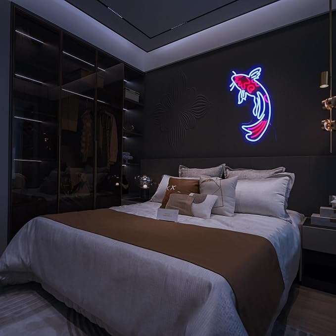 Koi Fish Neon Sign - Japanese Carp LED Neon Lights in Blue & Red, Lucky Fish Wall Decor 17"x9.5" with USB/Switch Dimmable for Bar, Restaurant, Office, Fishroom, Koi Pond