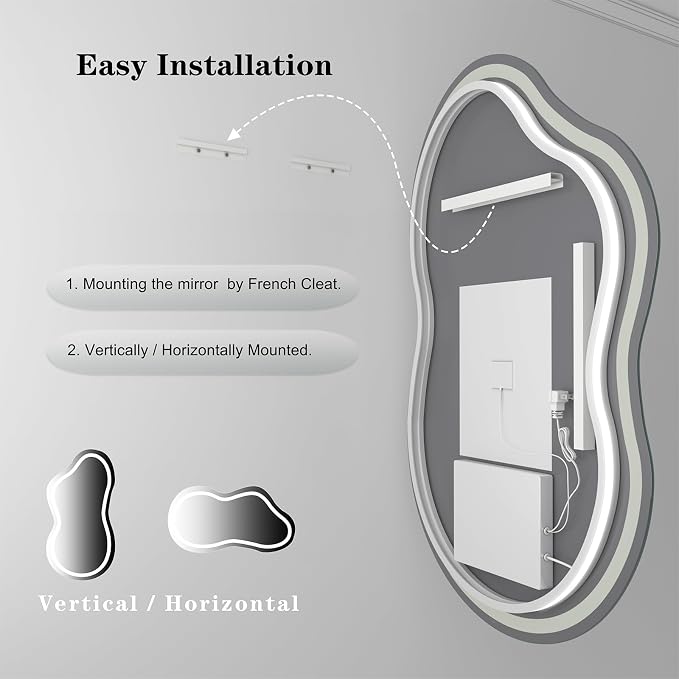 SMIROR 24x36 Irregular Led Lighted Bathroom Vanity Mirror | Asymmetrical, Cloud Shape, Front lighted + Backlit, Anti-Fog, 3 Colors, Dimmable, Memory, Tempered Glass, UL