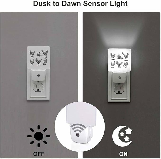 LED Night Light,Rooster Hen Chicken Walking LED Night Light Plug into Wall with Dusk to Dawn Light Sensor White Energy Efficient Nightlight for Bedroom Bathroom Hallway Living Room Kitchen