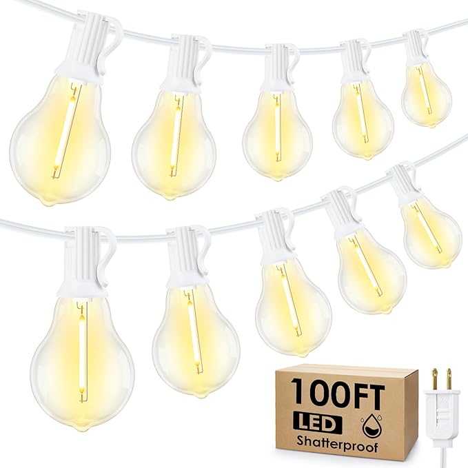 100FT Outdoor String Lights, Patio Light with 32 A39 Bulbs, White | Plug in, Dimmer not included, Waterproof, Shatterproof, Extendable, LED Hanging Lamp for Wedding Engagement Birthday Party