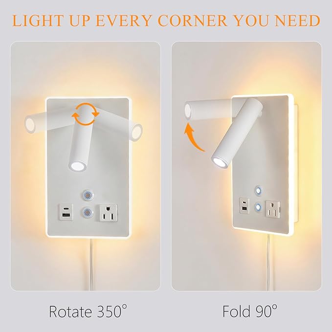 Dimmable Plug in Wall Sconce with Touch Switch,Headboard Bedside Wall Lamp,Multifunction Wall Light with USB C+A Ports,Adjustable Wall Mounted Reading Light,3 Color Temperature(White)