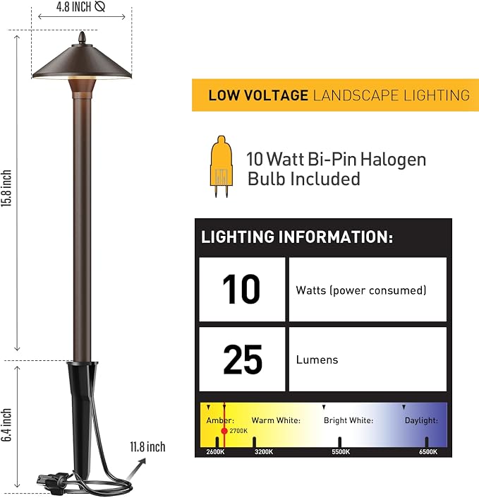 Malibu Low Voltage Pathway Lights, 10W Pro Style Halogen Landscape Lighting, 6Pack 2700K Warm White Path Light, 12V AC Bronze Outdoor Walkway Lights for Yard Garden 8308-9103