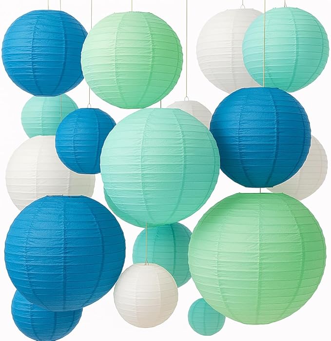 16 Pcs Paper Lanterns Hanging Round Blue Paper Lantern Decorative 6" 8” 10”12" Four Colors Chinese Lanterns for Birthday Wedding Party Decoration Baby Showers Valentine Indoor Outdoor
