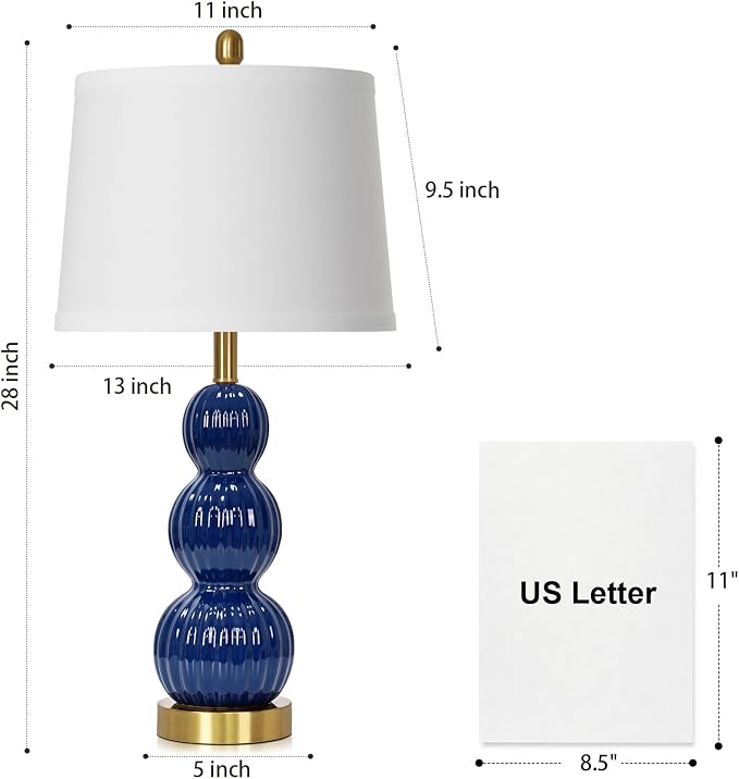 28" Navy Blue Table Lamps Set of 2 for Living Room, Modern Ceramic Bedside Lamps for Bedroom, Ribbed Gourd Table Lamps for Nightstand (2 LED Bulbs Included)