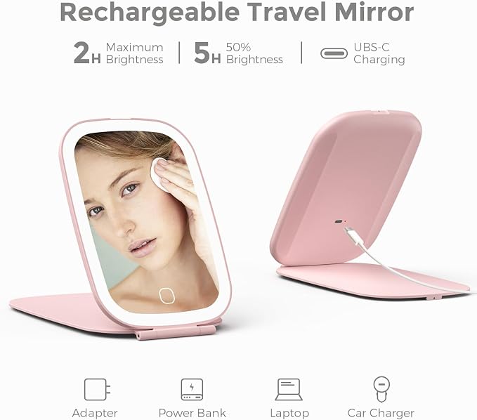 NEZZOE Rechargeable Travel Makeup Mirror with LED Light, 7x5 Inch, Pink | Portable Lighted Makeup Mirror, 3 Lighting Modes, Dimmable Touch Control, Foldable Compact Vanity Mirror