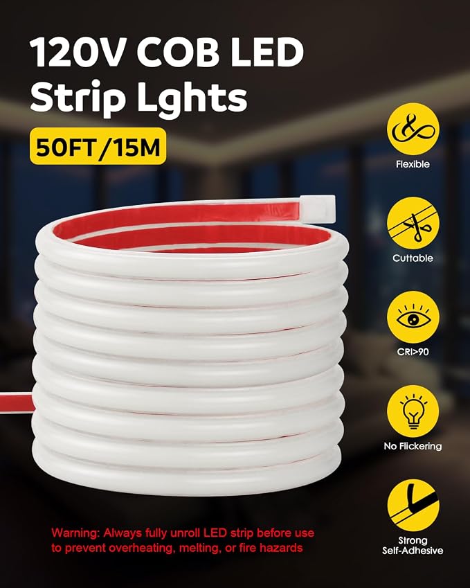 Aclorol 120V COB LED Strip Light 50ft Neutral White 4000K IP67 Waterproof | Outdoor Neon Rope Lights, CRI90+, High Density 288LEDs/M, with Self-Adhesive for Indoor Outdoor Home Commercial Lighting
