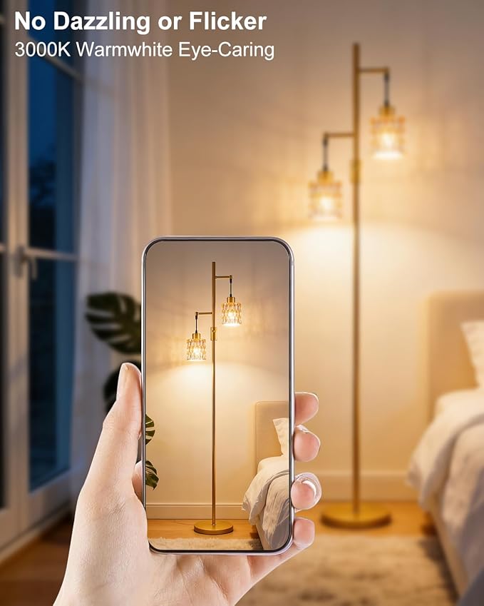 Lightdot 65IN Industrial Gold Floor Lamp for Living Room, 2- Light Dimmable Brown Glass Floor Lamps with 3000K Warm White Bulbs, Modern Farmhouse Tree Standing Tall Lamp for Bedroom Office Home Decor
