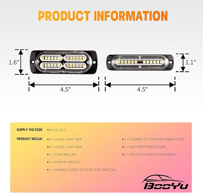 BooYu 8-pcs Sync Feature LED Emergency Strobe Lights Ultra Slim Grille Surface Mount Flashing Warning Hazard Light Bar w/Controller for Police, Firefighter, Trucks, Vehicles, Car (Red/Blue)
