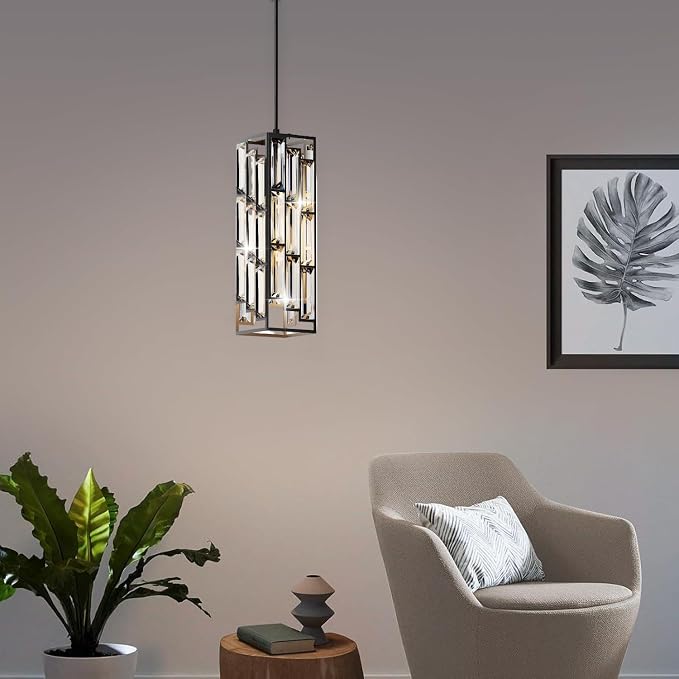 Black Pendant Lights, Modern Pendant Light Kitchen Island, 2 Pack Mini Crystal Chandeliers for Dining Room Bedroom Foyer Hallway