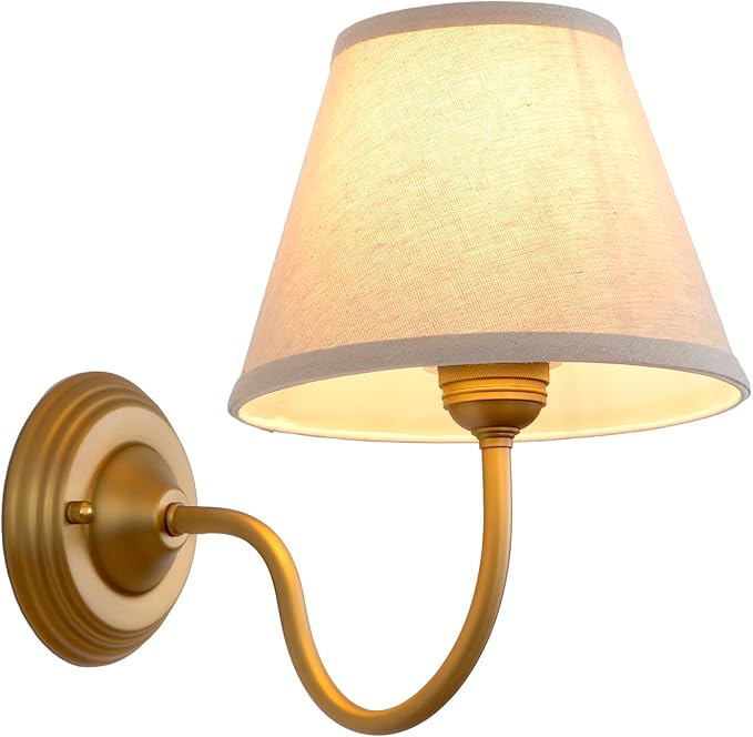 Vintage Curved Arm Fabric Wall Sconce with Linen Cloth Shade, Hardwired Indoor Single Sconce Light Wall Mounted Lamp for Bedroom Living Room Stairs Hallway