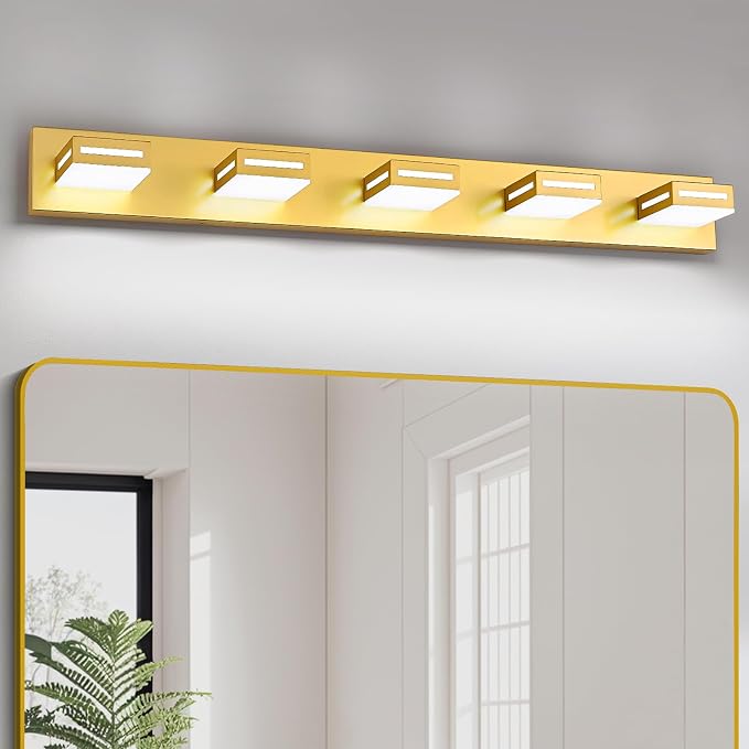 LED Modern Bathroom Light Fixtures, 5-Light 40-Inch Gold Vanity Lights for Bathroom Lighting Fixtures Over Mirror, 6000K Cool White 350° Rotatable Wall Lamp