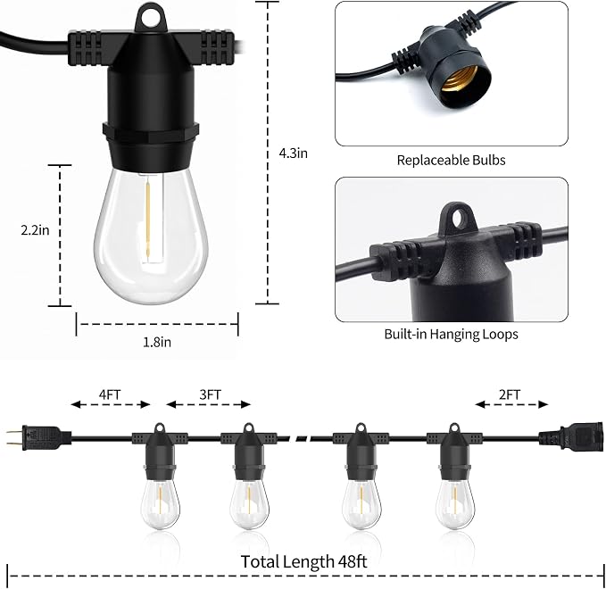 S14 LED Outdoor String Lights, IP65 Waterproof 48FT Outside Patio Lights, Edison Shatterproof Bulb Vintage Backyard Lights, Balcony, Deck, Garden Lights