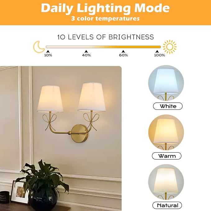 PASSICA DECOR Bow Battery Operated Wall Sconce, Rechargeable Wireless Double Lights with Dimmable Bulbs, 15 Colors and Remote Control, Gold Wall Lamps for Bedroom, Bathroom