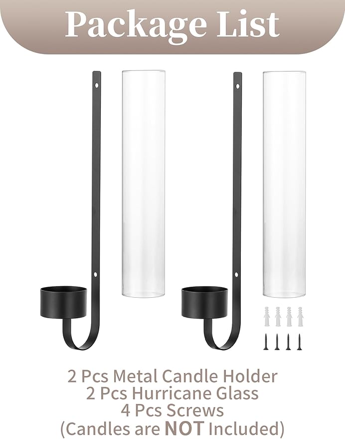 Sziqiqi Black Wall Candle Holders: Metal Candle Sconces for Taper Set of 2 Modern Wall Mounted Candlestick Holder with Hurricane Glass for Living Dining Room Bedroom Bathroom Outdoor
