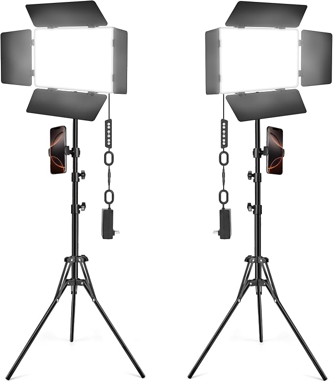 2 Pack LED Video Light Kit with Barn Door, Kewaiaa 30W Photography Light Panel with Stand, 3000Lux 2500K-8500K Dimmable Studio Lights for Video Recording/Filming/Photoshoot Shooting/Live Streaming