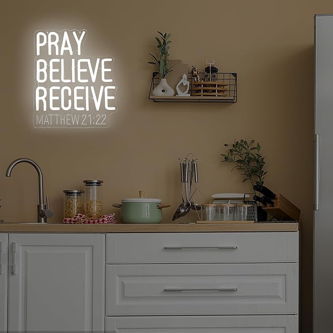 Pray Believe Receive Neon Sign for Wall Decor Matthew 21.22 Led Sign Religious Neon Light Dimmable Christian Light Up Signs for God Inspiration Faith Church Bible Verse Wall Art Bedroom Party Gift