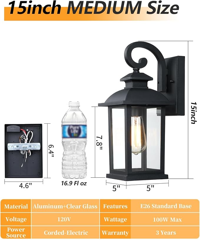 Dusk to Dawn Porch Lights Outdoor, 2-Pack, 15", Matte Black | Anti-Rust Waterproof Aluminum, Photocell Sensor, Modern Farmhouse, Medium Exterior Sconce Lighting Fixtures for Garage House