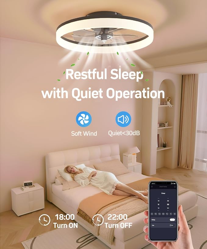 Smart Ceiling Fans with Light and Remote,20" Low Profile Ceiling Fan with 6-Speed & Dimmable LED, Alexa/APP Home Voice Control, App, Reversible Airflow, App Timer, for Bedroom（Black）