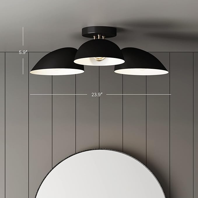 Nathan James Argo Semi Mount Flush Ceiling Light, 3-Lights Modern Retro Lighting with Black Rounded Shades for Hallway, Dining Room and Bedroom, Brass Gold/Black