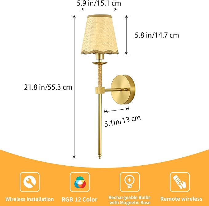 Boho Battery Operated Wall Sconce Set of 2, Gold Wireless Rechargeable Wall Lights with Rattan Shade, 12 RGB and 3CCT Dimmable Cordless Wall Lamps with Remote for Bedroom Living Room