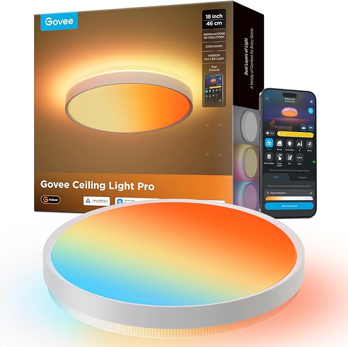Govee Smart Ceiling Light Pro, RGBIC 4800LM 2700K-6500K 18 Inch 1 Pack | RGBIC LED Ceiling Light Fixture, 4800LM DIY Colors, Works with Matter Alexa, 2700K-6500K Lights for Living Room, Bedroom